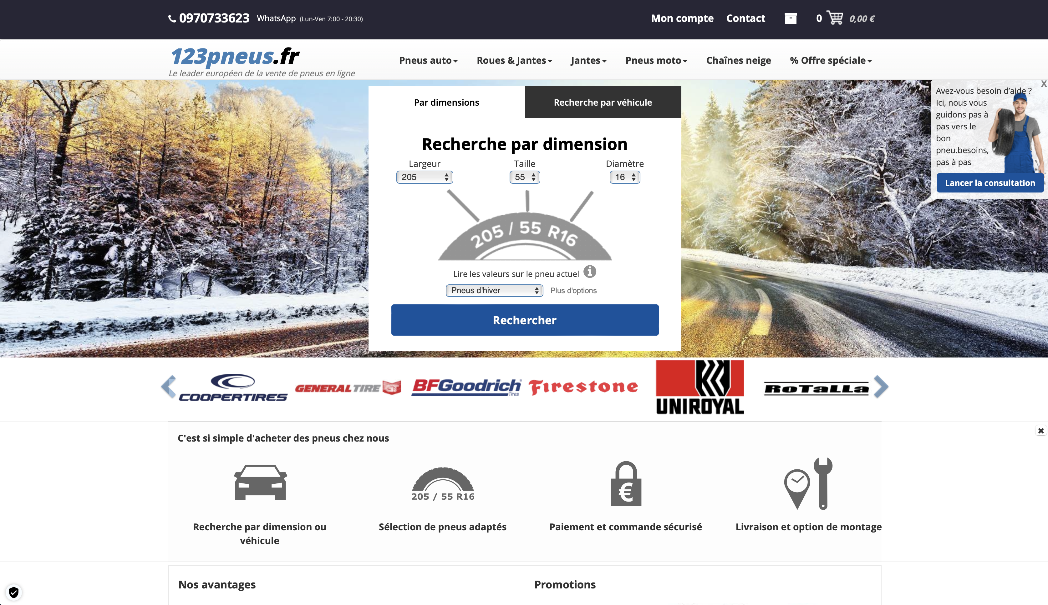 Capture d'écran de l'accueil du site 123pneus.fr